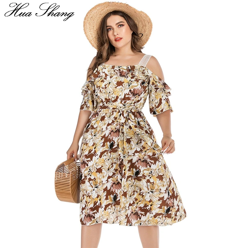 

5XL Plus Size Beach Dresses Women 2019 Summer Ruffles Slash Neck Off Shoulder Lace Strap Dress Floral Print Maxi Long Boho Dress
