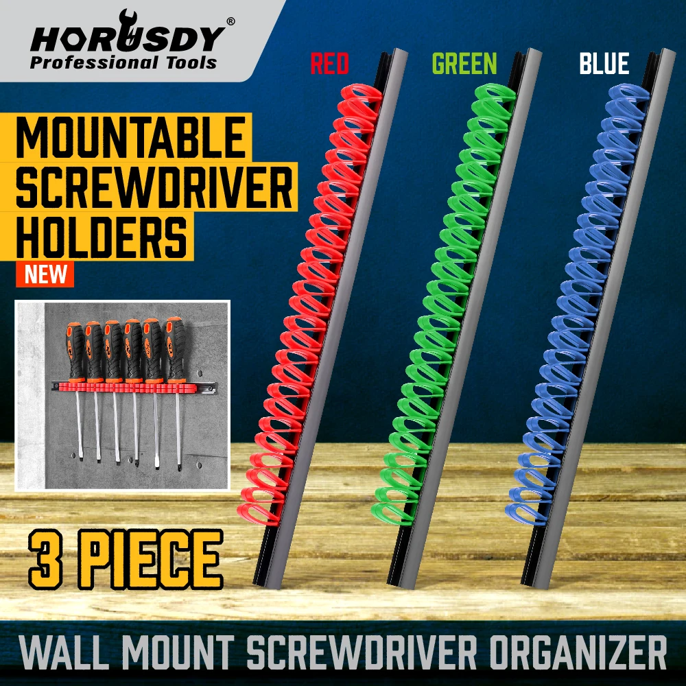 HORUSDY 3-Piece Wall Mount Screwdriver Organizer，ABS Tool Rail Rack Holder Organizers 