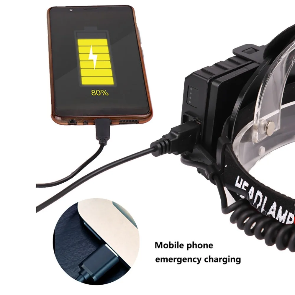 Мощный XHP70 светодиодный налобный фонарь USB Перезаряжаемый 5 режимов водонепроницаемый Налобные фонари с переменной фокусировкой может заряжать телефон, питание от аккумулятора 18650