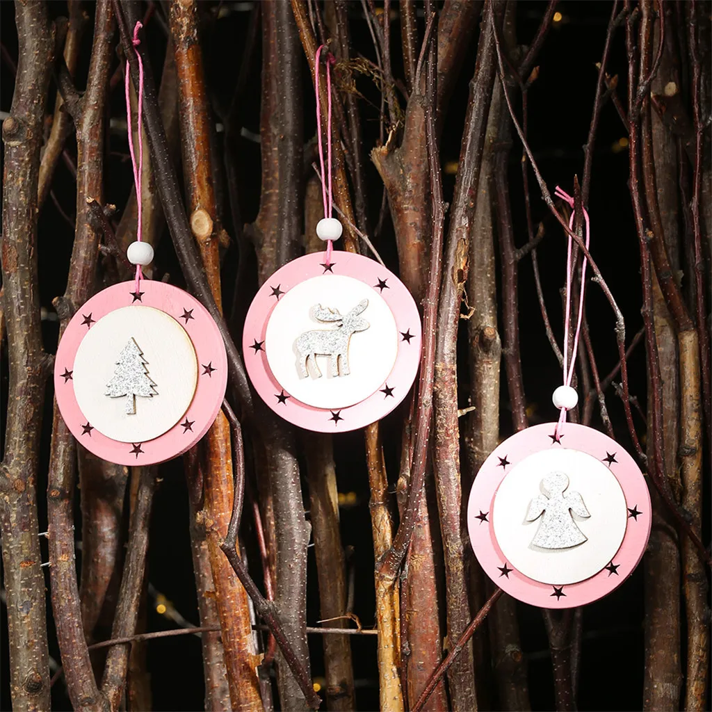 Pink wooden five-pointed Star Angel Elk Christmas Tree Pendants Hanging ornament Christmas decorations for home navidad