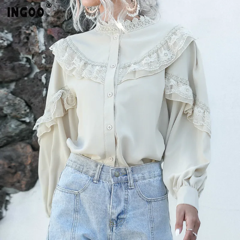 Женская шифоновая рубашка с длинным рукавом INGOO элегантная кружевная винтажная