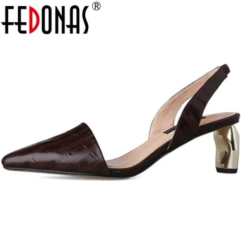 

FEDONAS Elegant 2020 Pointed Toe Women Sandals Genuine Leather High Heels Pumps Metal Buckle Wedding Party Newest Shoes Woman