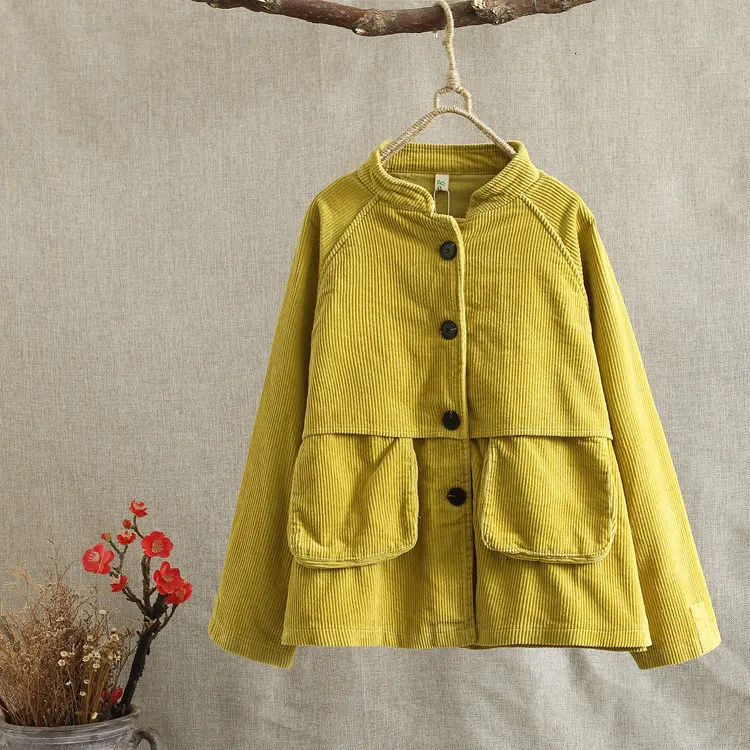 Harajuku вельветовые куртки для женщин зима осень пальто женские милые сплошной цвет одежда специальный дизайн оснастки карман Топы - Цвет: Yellow