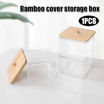 

Multifunction Transparent Organizer Cosmetices Cotton Swab Kitchen Seasoning Storage Box with Bamboo Cover _WK