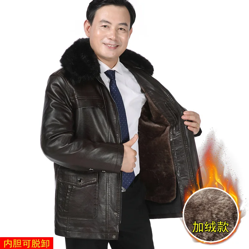 

Middle-aged MEN'S Wear Removable Shoulder Cotton-padded Clothes Large Fur Collar Leather Jacket Men's Daddy Clothes Brushed And