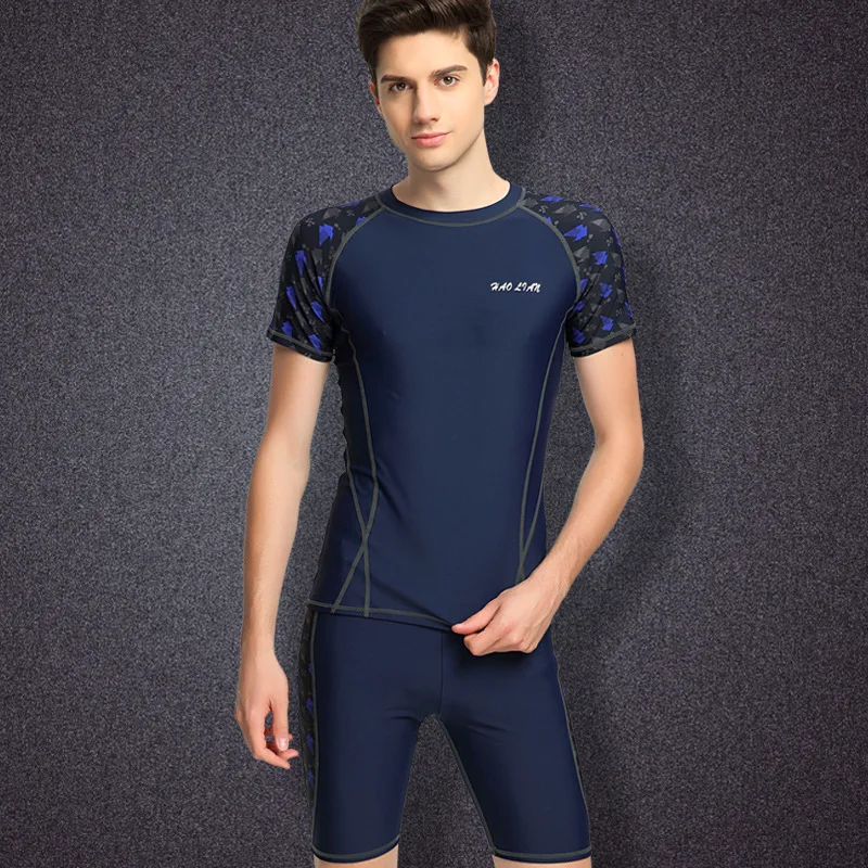 New Men's Swimwear Suit Short-sleeved Shirt Boxer Swim Trunks Loose XL Split Swimwear Quick-drying - Цвет: Navy Shorts 9561