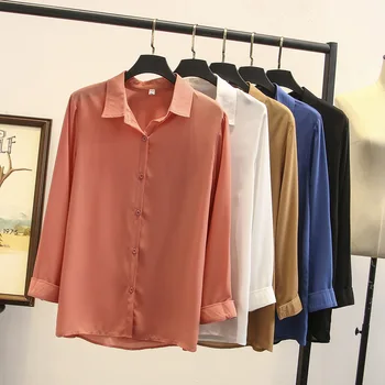 

Women Spring Summer Chiffon Blouse Office Lady Tops Female Long Sleeve Solid color Blusa Plus Size Fashion Loose S5-9301