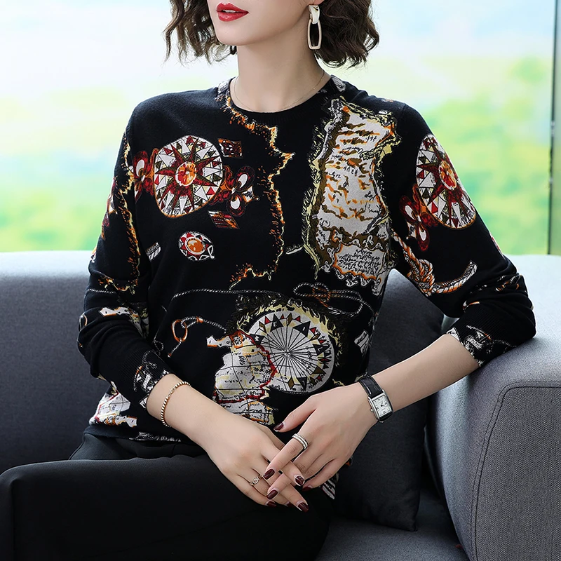 YISU Autumn Winter Sweater O-Neck Long Sleeve pullover fashion Print pattern Jumper Tops Casual Loose Knitted sweaters Women