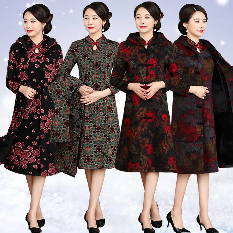 

Plus Velvet Dress Women's Vintage Chinese-style Elegant Cheongsam Mid-length Improvement Winter Style Two-Piece Set Middle-aged