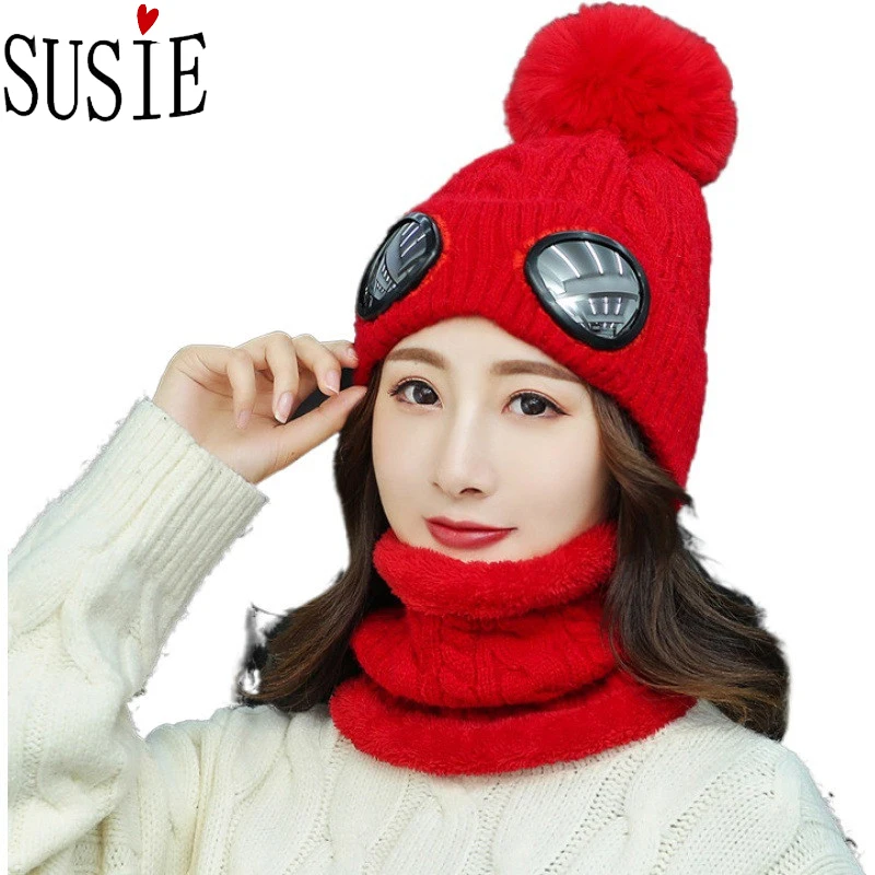 Ceny 2019 nowa dzianinowa czapka narciarska z okulary wiatroszczelne maska czapka wełniana Outdoor czapki z pomponem polar smycz na szyje ciepłe kobiety czapka zimowa