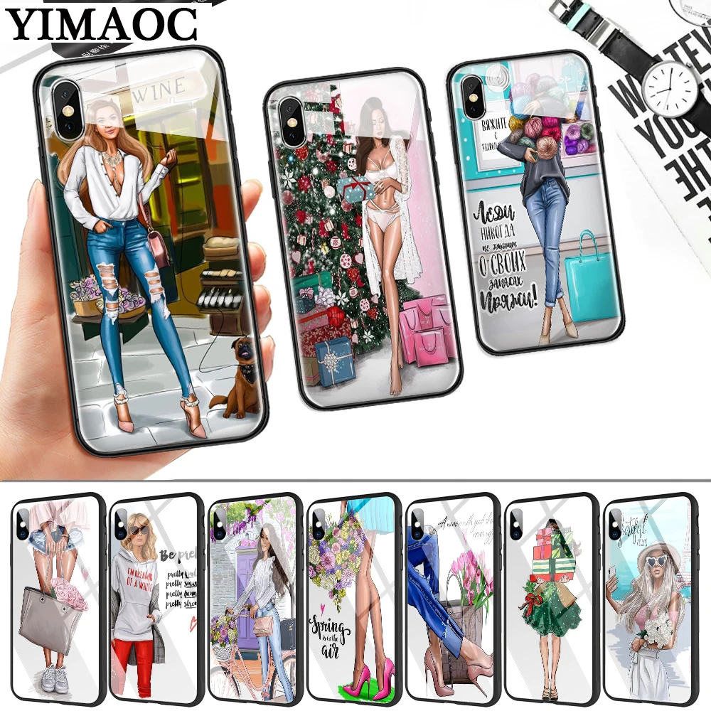 Шоппинг девушка иллюстрация стеклянный чехол для телефона Apple iPhone 11 Pro XR X XS Max 6 6S 7 8