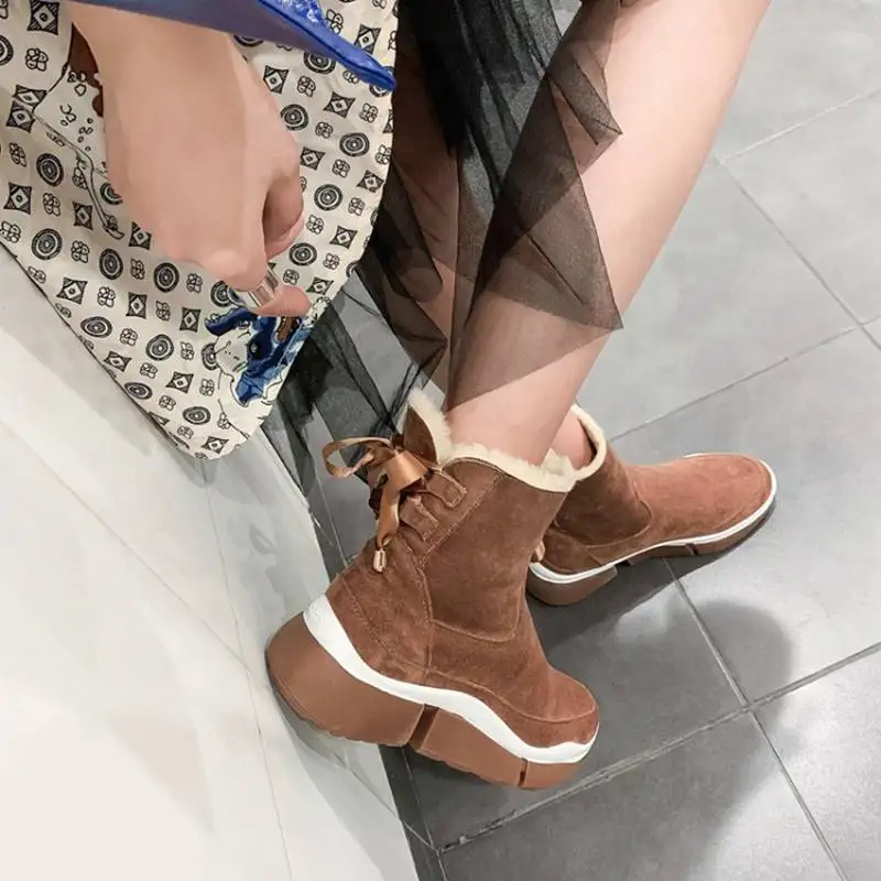 SIMLOVEYO Women's Mid-calf Boots Genuine Leather Fur Wool Round ToeCow Suede Snow Winter warm Boots Platform Riband size 35-39