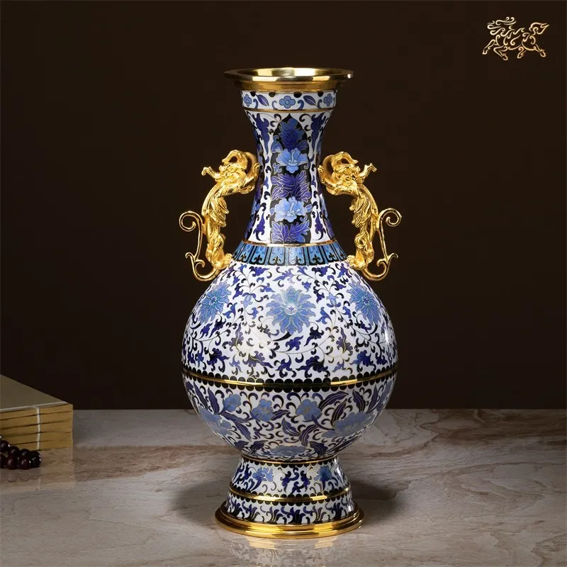 14 3 &quotкитайские из чистой бронзы клуазонна 24K золото Дракон уши бутылка ваза