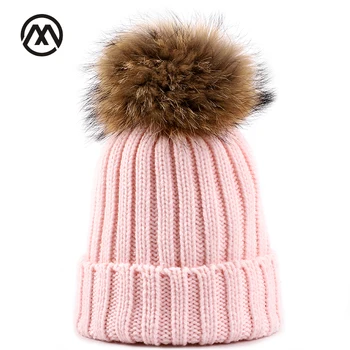 

2019 new real fur pom-pom hat solid color striped ladies knit hat winter warm woman winter hat casual bean bean pompom ski mask