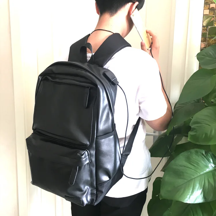 

New Casual Solid Color Computer Backpack Stylish with USB Convenient Interface Men's Backpack PU Leather Schoolbag