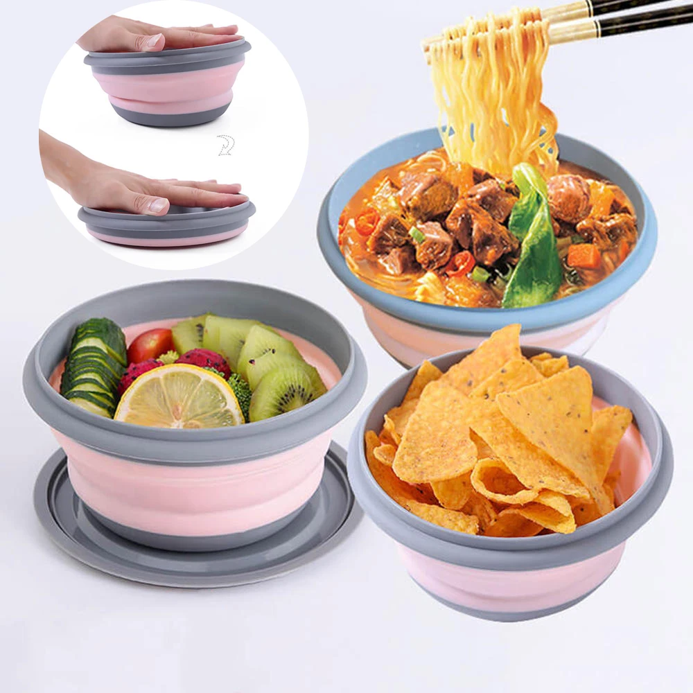 3Pcs/Set Bowl Sets Silicone Folding Lunch Box Portable Picnic Travel Instant Noodle Bucket With Lid Salad Dish Kitchen Tableware