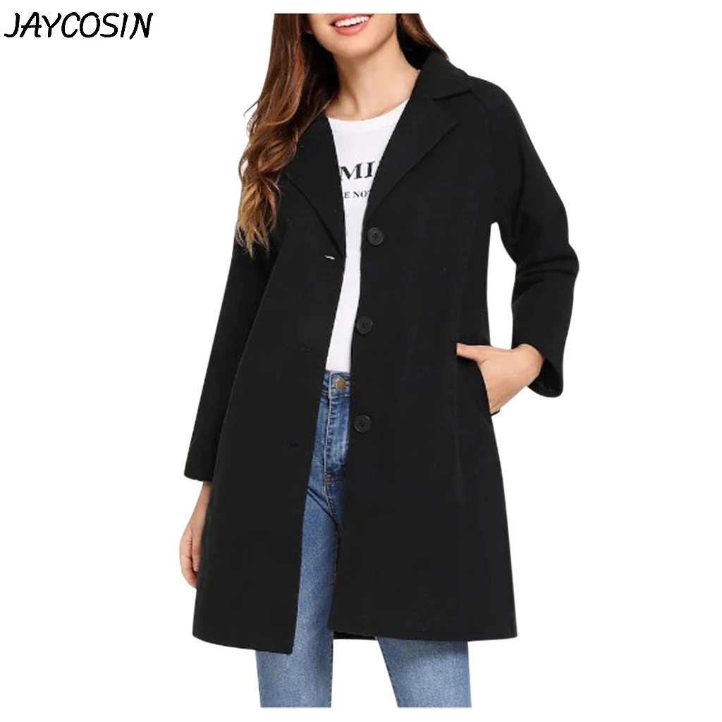 JAYCOSIN, Женское шерстяное пальто, одноцветное, с отворотом, с длинным рукавом, на пуговицах, шерстяное пальто, винтажное, зимнее, для офиса, длинная верхняя одежда, casaco