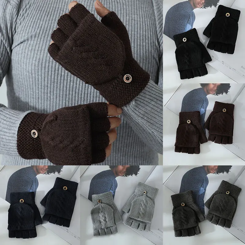 

1 Pairs Men Fingerless Gloves Flipped Cover Knitted Gloves Knitting Wool Half Finger Gloves Solid Color Hand Wrist Warmer