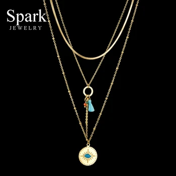 

Spark Natural Stone Round Pendant Necklace Stainless Steel Multilayer Flat Chain Tassel Necklaces For Women Girls Boho Jewelry