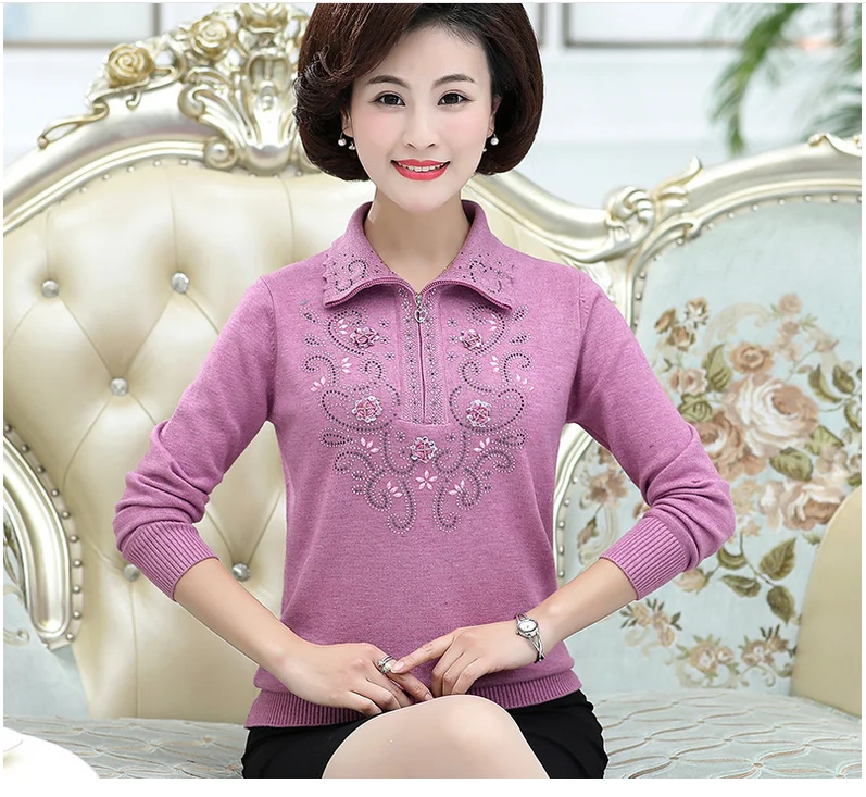 

2019 Sweater Women Winter Printing Turndown Collar Middle-Aged Women'S Plus Size Knitted Sweater Pullover Sweaters Female F563
