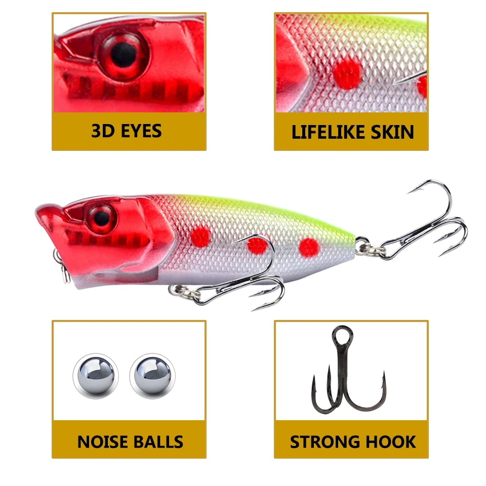 6 Leurres De Pêche HENGJIA Popper Flottants 6,5 Cm - Multicolore (Eau Douce & Mer)