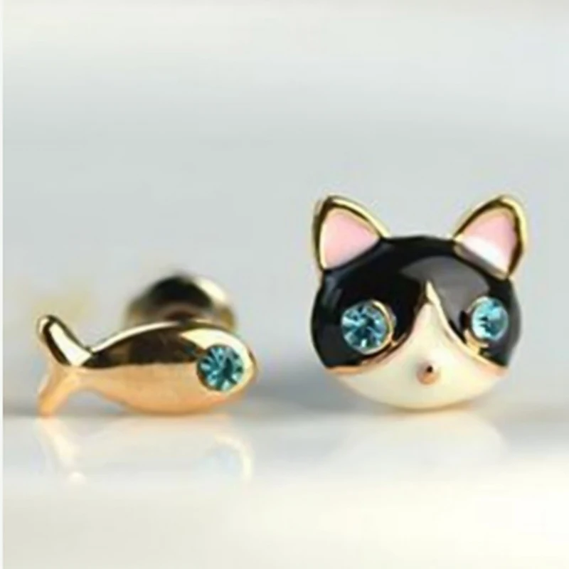 

Simple New Creative Blue Crystal Cat And Fish Asymmetric Stud Earring For Women Boucle D'oreille Femme Earrings Jewelry