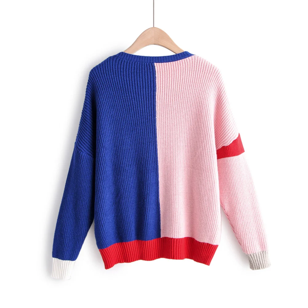 Fashion Za Women Sweater Winter Patchwork V-Neck Casual Long Sleeve Loose Knit Pullovers Sweaters Jumper Ladies Tops