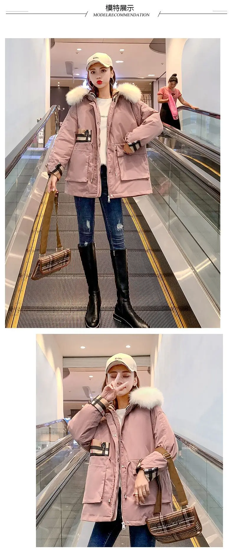 Осенняя и зимняя Корейская свободная парка больших размеров, клетчатая короткая приталенная облегающая женская пуховая куртка с капюшоном и воротником из лисьего меха