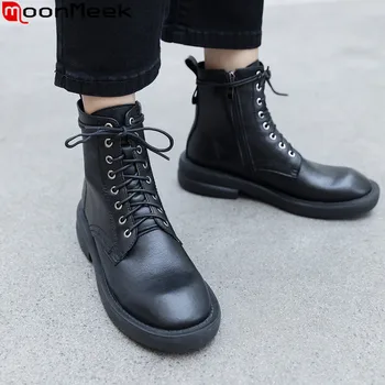 

MoonMeek fashion new genuine leather ankle boots round toe lace up ladies shoes low heels autumn winter boots women 2020 new