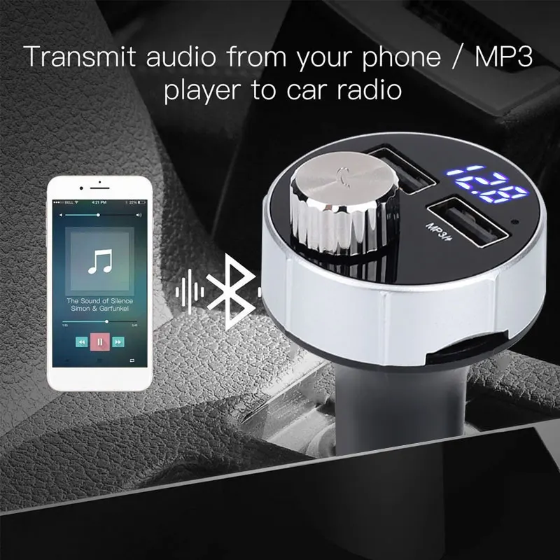 Автомобильное зарядное устройство с двумя usb-портами, fm-передатчик, Aux, Bluetooth, Смарт, громкая связь, вызов, mp3-плеер, многофункциональное воспроизведение TF, fm-передача