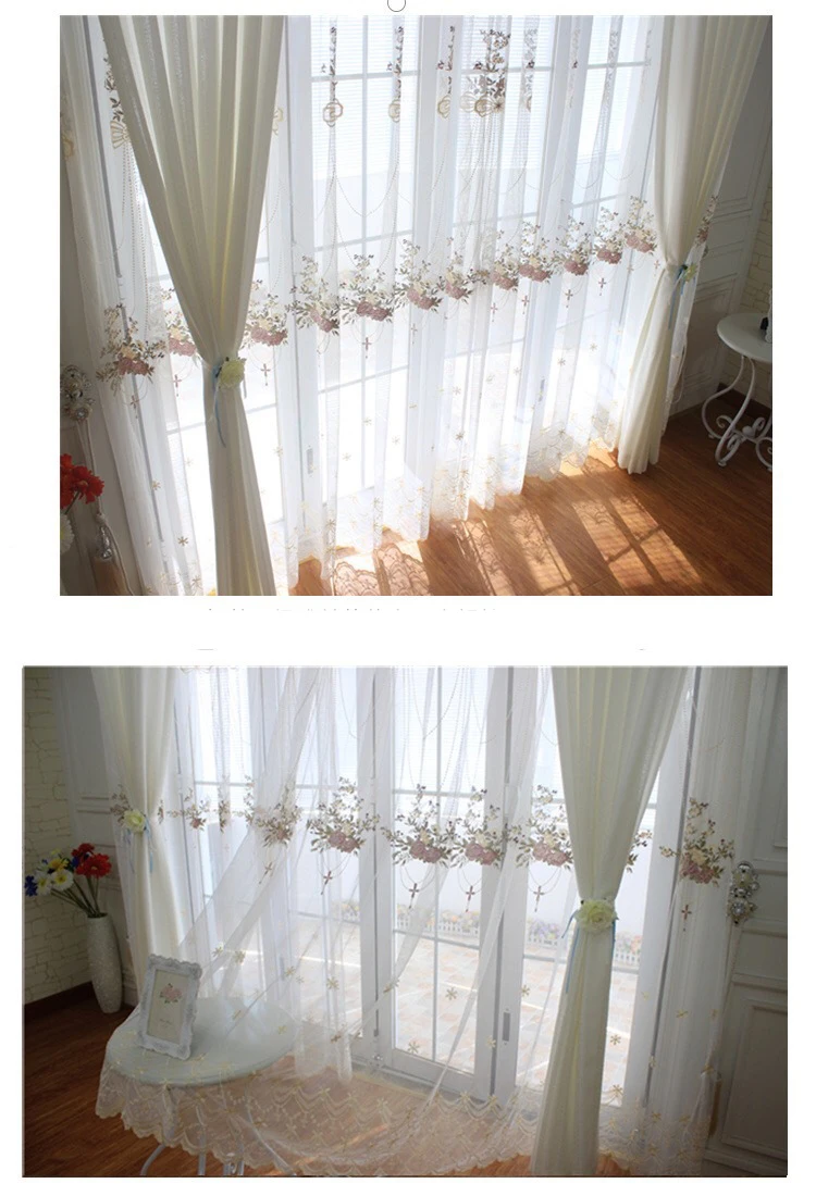 Pastoral Luxury Lace Blue Embroidered Curtains Sheer For Living Room Pink Romantic Princess Window Screen Kitchen Tulle Drapes