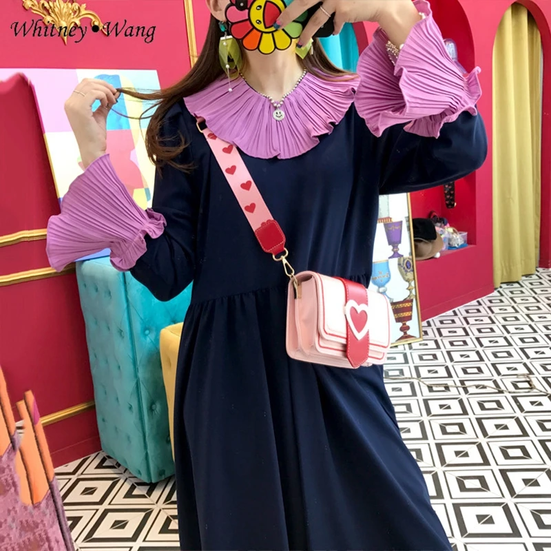 color 1 WHITNEY Ван осень Модный корейский стиль Цвета контраст Плиссированное лоскутное платье-оверсайз Для женщин осеннее платье - Цвет: color 1