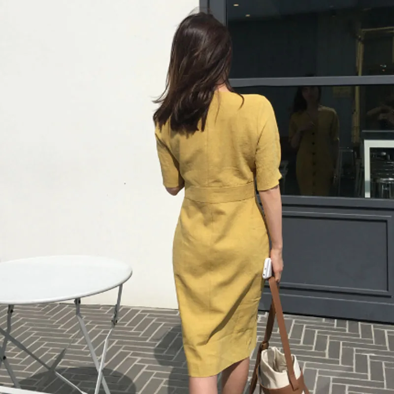 2020 Summer New Dress Women Korean V Neck Solid Dress Cotton Linen OL Casual Short sleeve Dresses Female Boho Robe Femme Vestido