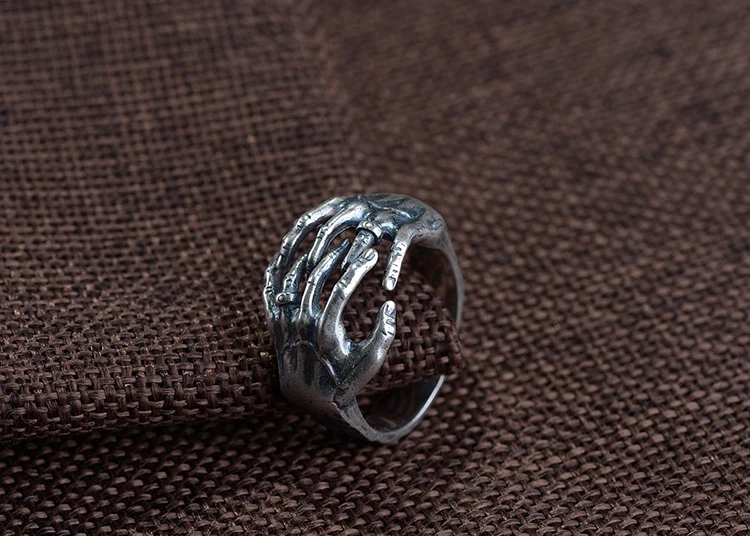 FNJ Double Hand Skull Rings 925 Silver Adjustable Size Open Popular S925 Solid Silver Ring for Men Jewelry Fine Claw Punk