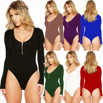 

3XL Plus Size New Women Long Sleeve Sexy Bodysuit Stretch Big O Neck Bodycon Pure Color Bottoming Bodysuits Lady Zipper Rompers