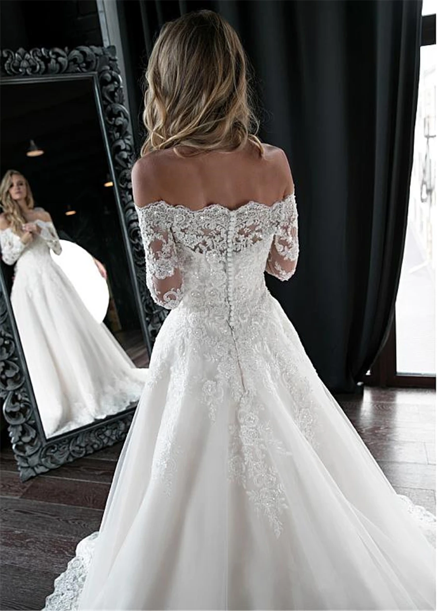 White Off-the-shoulder Sparkly Beading Applique Lace Wedding Dress Long Sleeve Wedding Gowns vestido de noiva