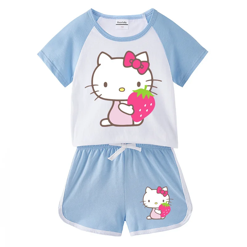 thumbnail image 1 of Hello Kitty-ropa transpirable de algodón puro para niños, conjunto de dos piezas, moda informal para niñas, pantalones cortos de manga corta, traje deportivo para niño, 1 of 5