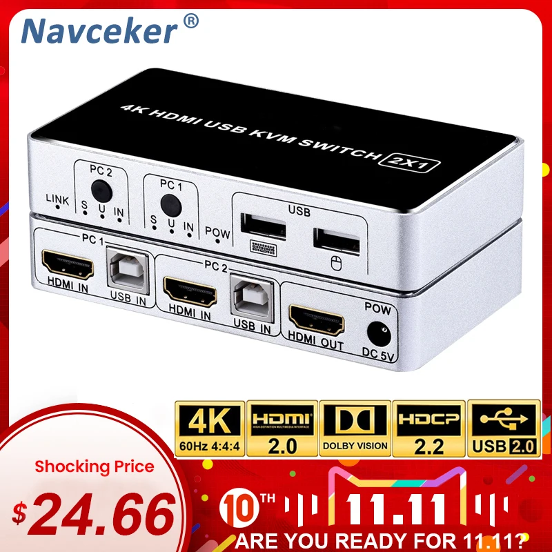 

Navceker 2 Port HDMI KVM Switch 4K KVM HDMI USB Switch Support USB 2.0 Keyboard Mouse KVM Switch USB for PC Laptop XBox Monitor