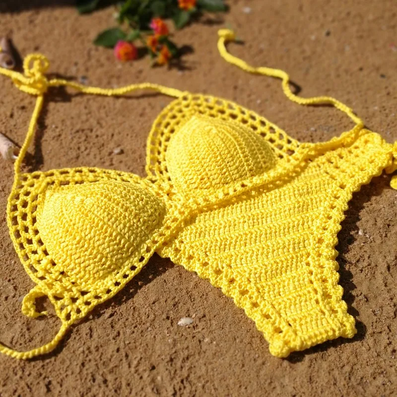  Beach Hand Crochet Crop Top Push up Bikini Set Women Boho Sexy Bra Swimwear Bathing suit