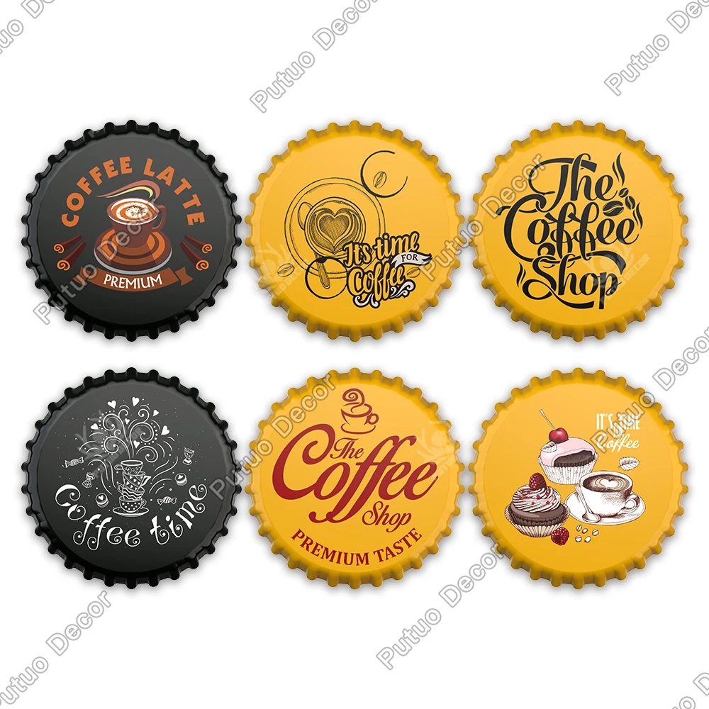 Putuo Decor Coffee Bottle Cap Metal Sign Plaque Metal Vintage Tin Sign Decor for Kitchen Cafe Pub Bar Club Home Wall Decoration
