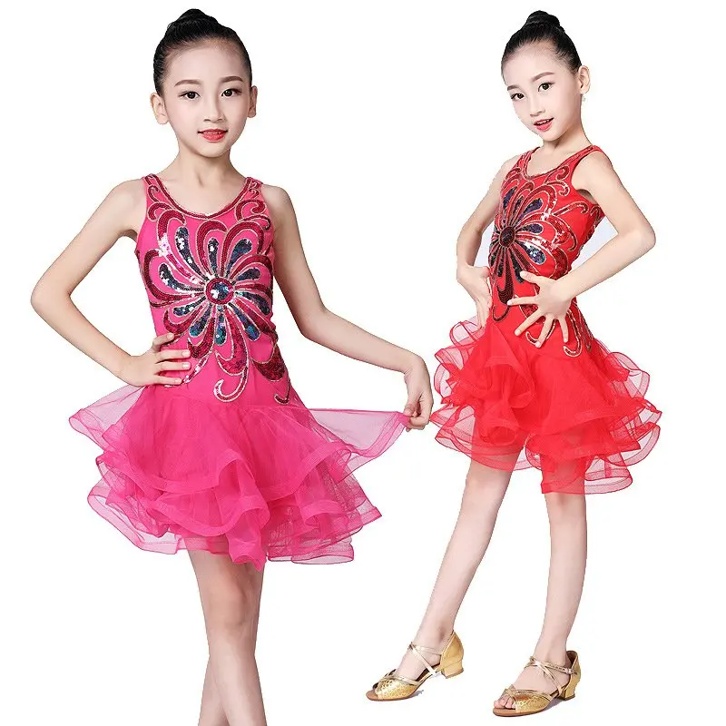 Детские танцевальные платья для девочек; сетчатые пышные Детские костюмы с блестками; одежда для латинских танцев; Одежда для танцев