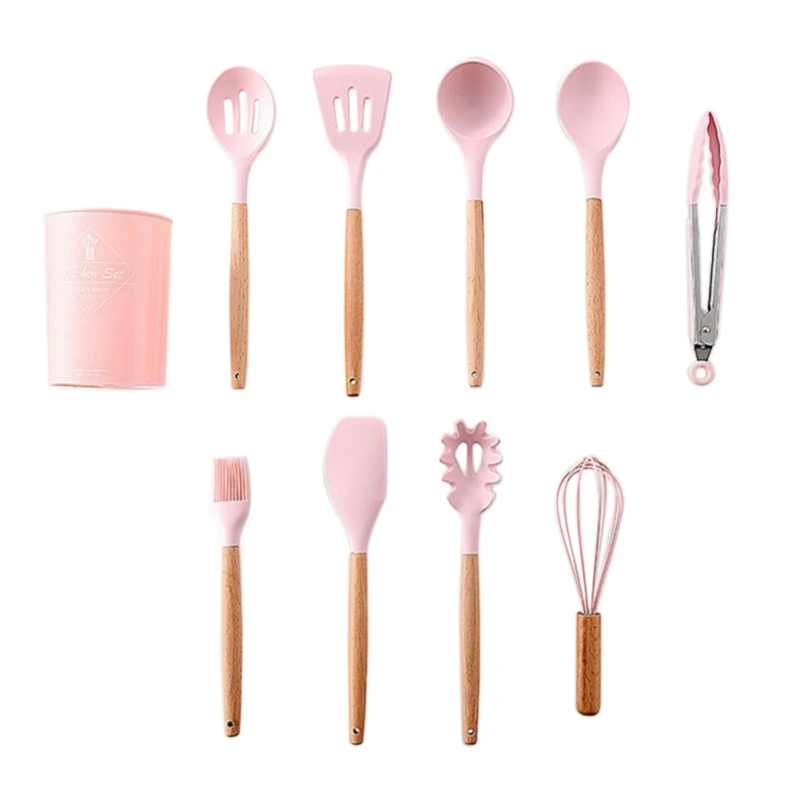 E New 9PCS Silicone Kitchen Utensil Set Japanese Style Cooking Utensils Heat Resistant ToolsWith Wooden Handle For Nonstick - Цвет: E
