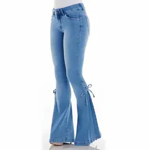 Сексуальные женские растягивающиеся джинсовые расклешенные брюки, модные синие джинсы с высокой талией, ретро обтягивающие джинсы на шнуровке