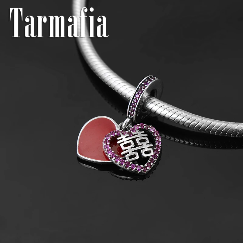 

Fashion 925 Sterling Silver Red Double Happiness Heart Fine Pendants Beads Fit Original Pandora Charm Bracelet Jewelry making