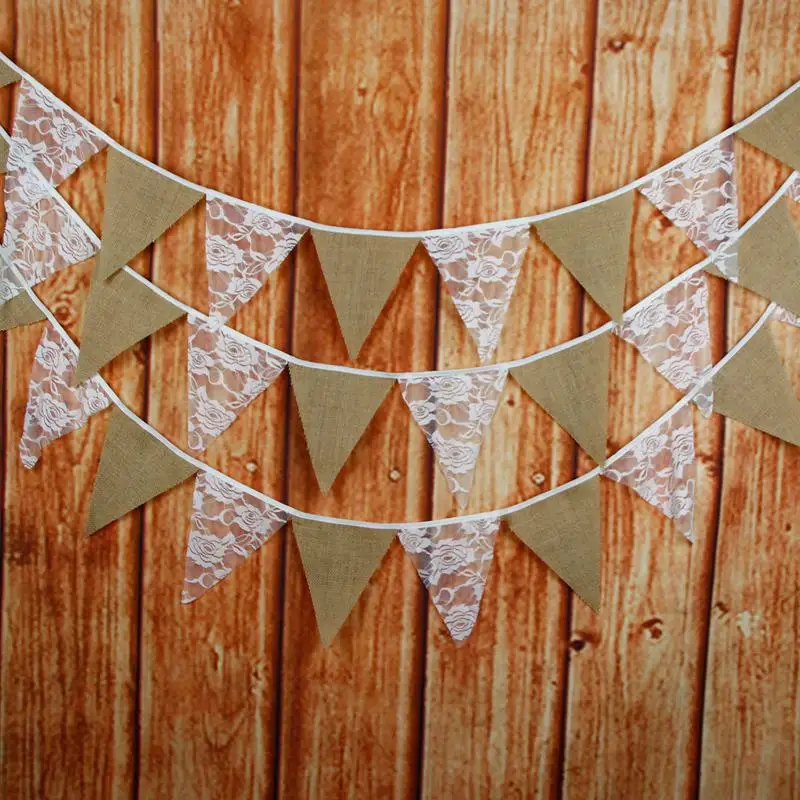 New-Linen Burlap Fabric Bunting Banner Lace Flowers Flag Pennant Banner Wedding Party Cafe Decor