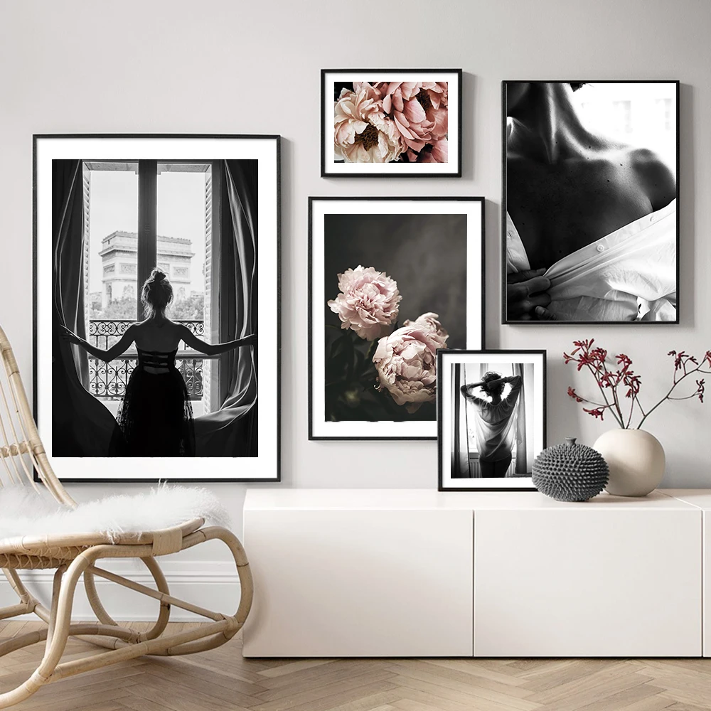 Окно девушки черно-белая Настенная картина с цветком винтажные Наклейки Плакаты и принты настенные картины для гостиной