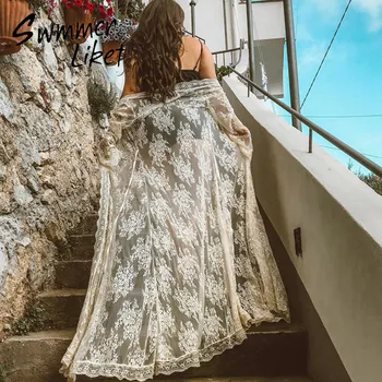 

Transparent beach dress women Long cover ups female 2020 embroidery bikini Gossamer tunic beach wear Sexy swimsuit cover up new