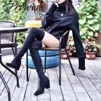 

Prowow New HIgh Quality Stretch Fabric Over The Knee High Thin High Boots Sexy Pointed Toe Thick Heel Moto Boots