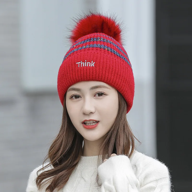 Women Winter Thicken Alphabet embroidery Flanging Warm Ear protectors Little bee Pompom knit hat Female Skull Beanies cap Z205 - Color: Red01