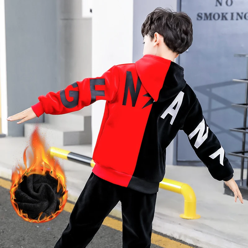 

2019 Winter Children Kids red black splice boys Sets Hooded Coat Suits letter 11 print Coat Pant 2Pcs Clothing set 6 8 12 15 Y